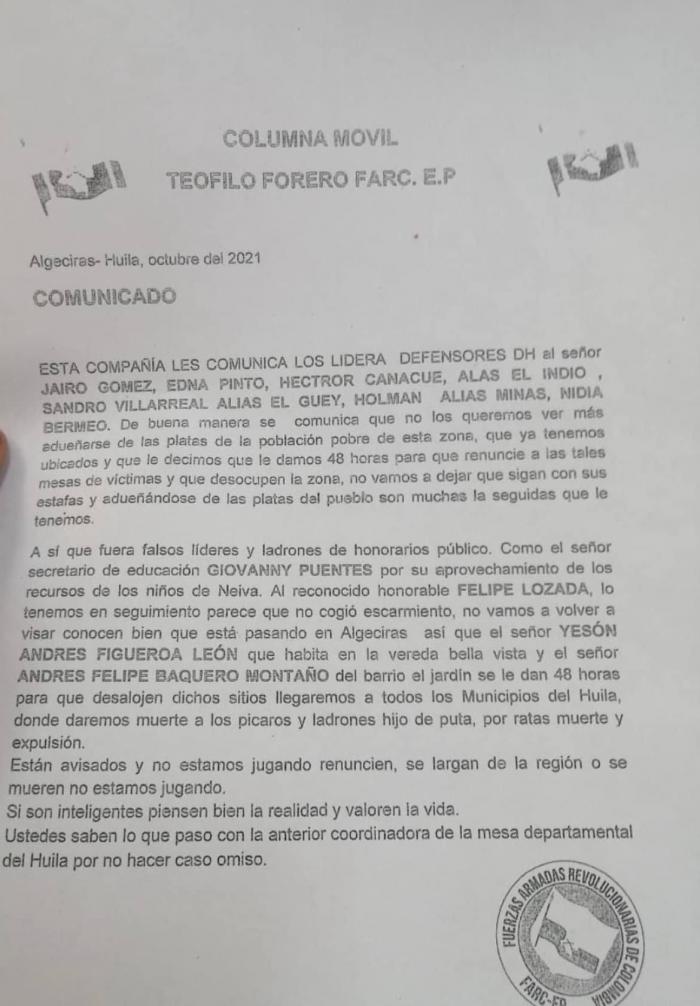 ¿Volvieron las amenazas a líderes sociales en el Huila? 7 4 diciembre, 2021