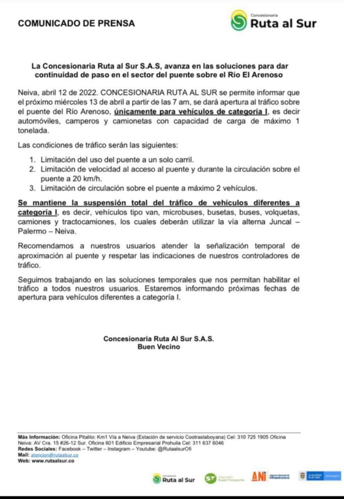 ¡Es oficial! Desde mañana se reabre la vía entre Neiva y Campoalegre 7 14 abril, 2022