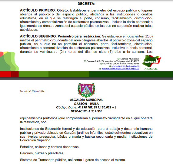 Vía decreto, Alcalde de Garzón prohíbe consumo de droga en parques y zonas escolares 7 5 enero, 2024