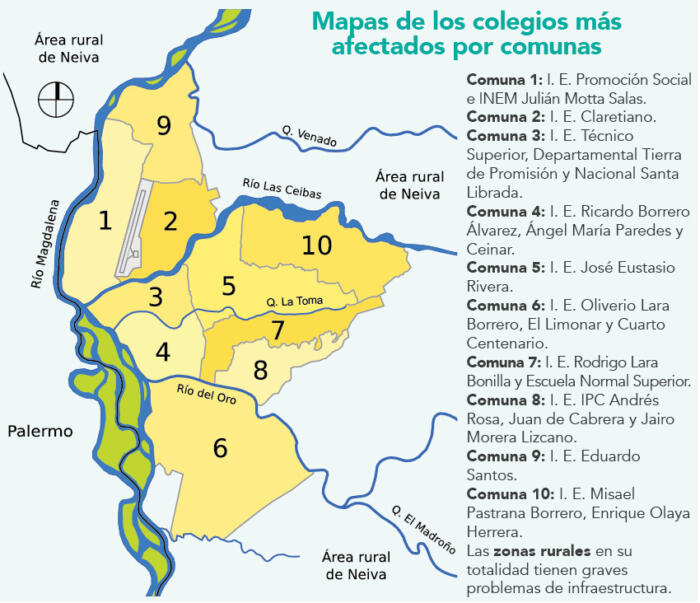 Mapa de los colegios más afectados por comunas.