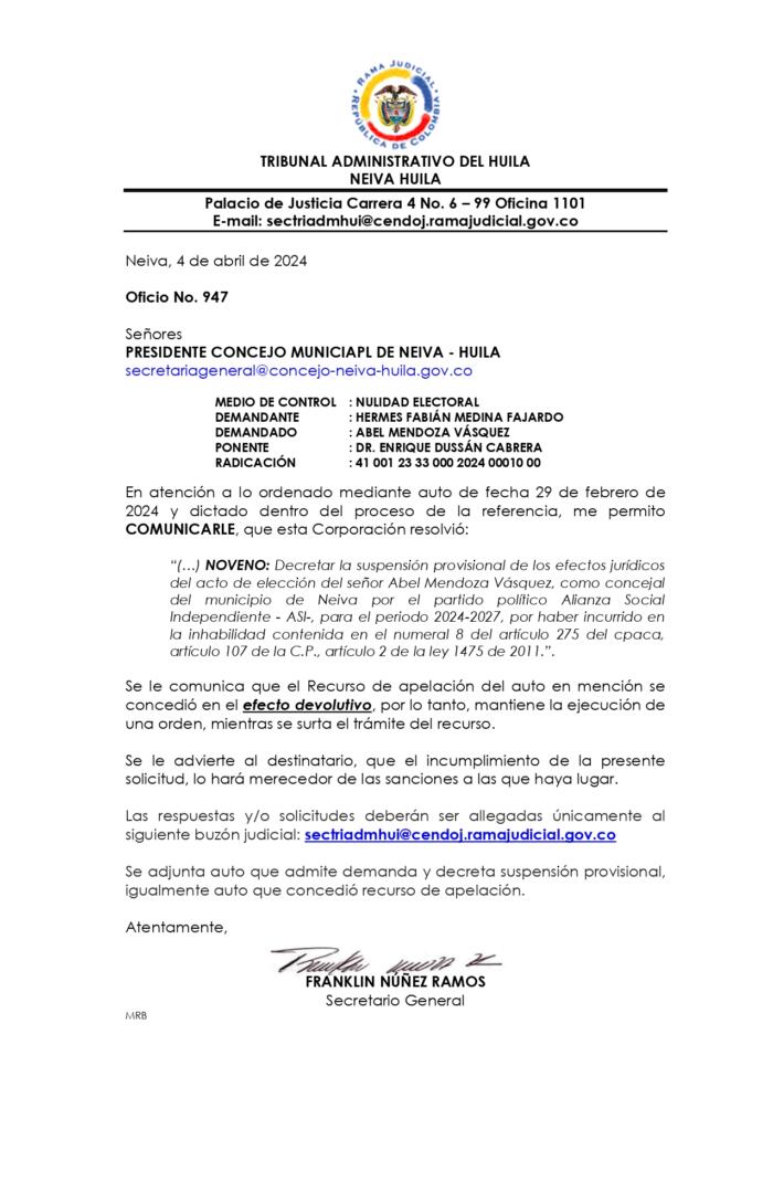 Notificación del Tribunal Contencioso Administrativo al Concejo de Neiva.