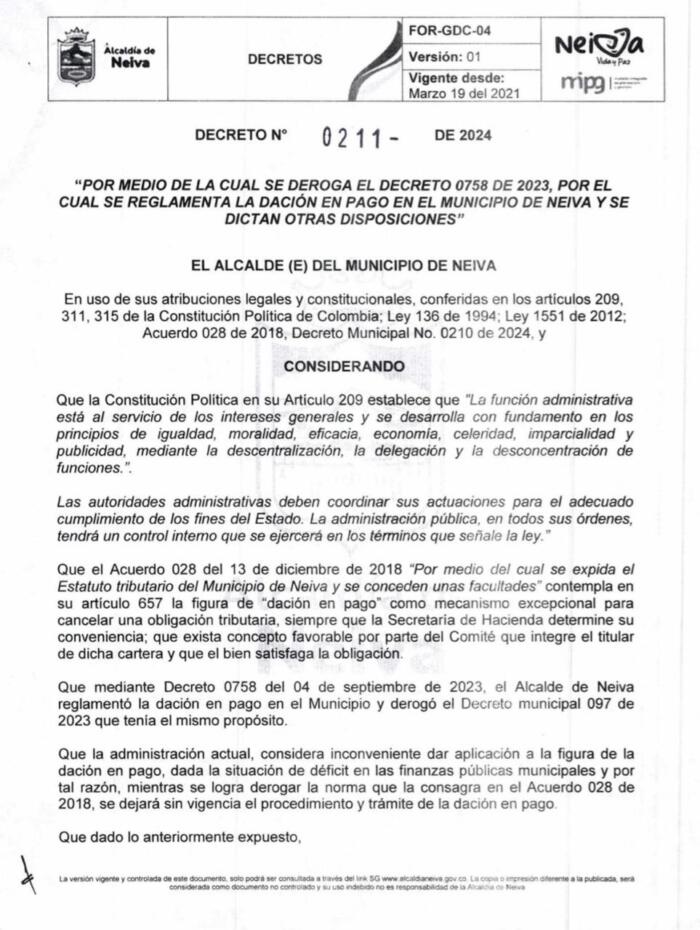 Decreto 0211 de 12 de marzo del 2024 por el cual se deroga decreto de daciones en pago. 