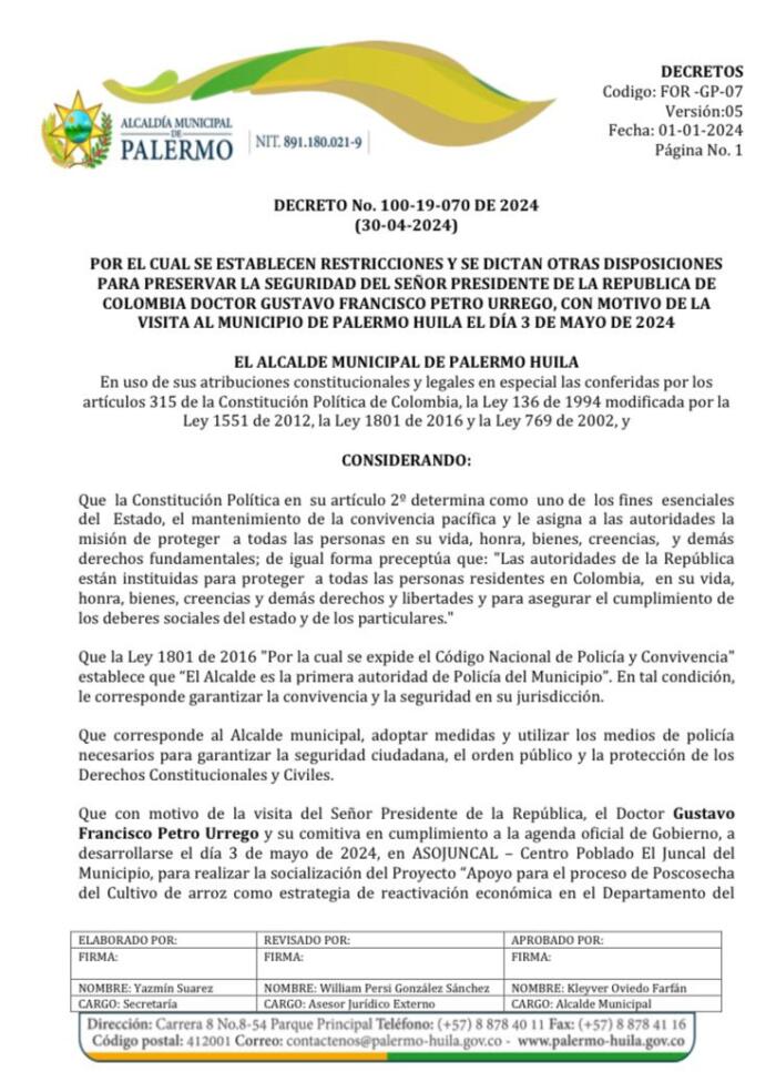 Medidas de seguridad en Palermo, Huila, por visita del presidente Petro 9 4 mayo, 2024