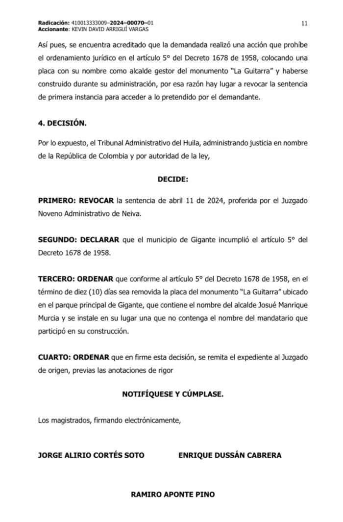 Facsímil de la decisión en segunda instancia del Tribunal Administrativo del Huila.