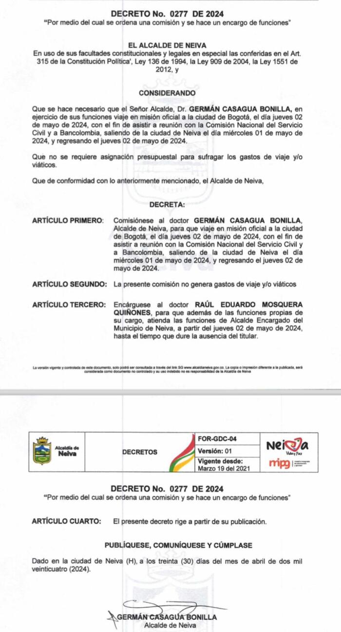 Facsímil del decreto que le permitió realizar el viaje a Bogotá de misión oficial.