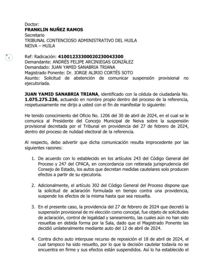 Facsímil de la solicitud del demandado tras quedar en firme su suspensión. 