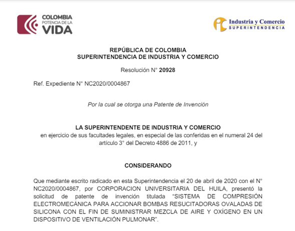 PATENT invention granted to CORHUILA 10 May 24, 2024