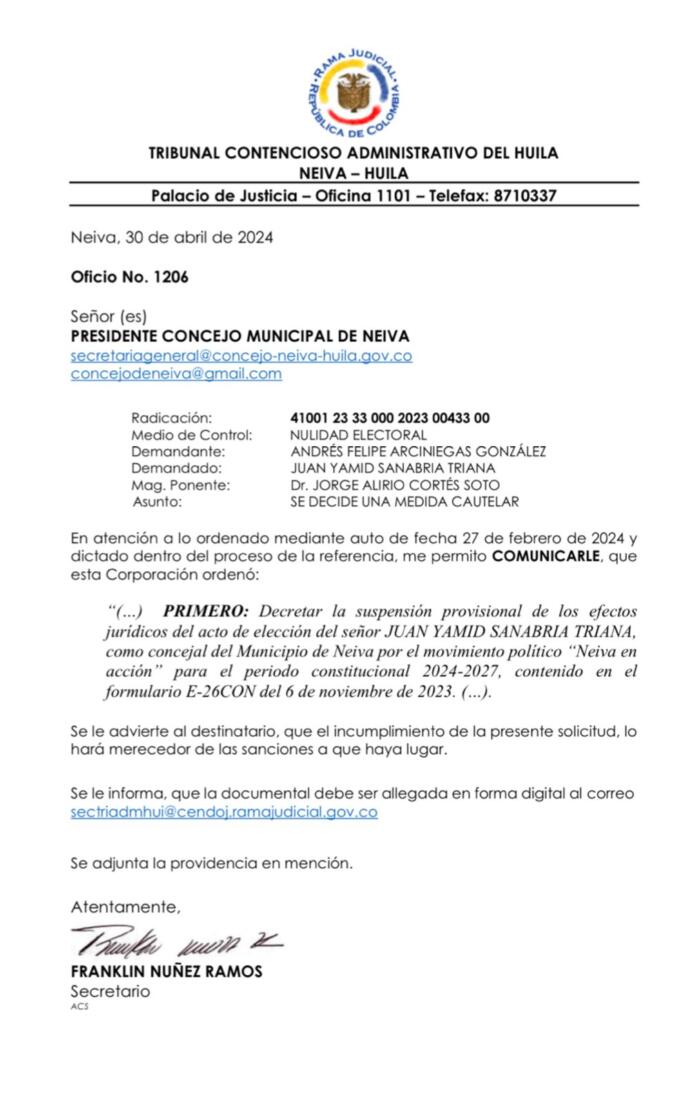 Facsímil del oficio del Tribunal Administrativo del Huila.