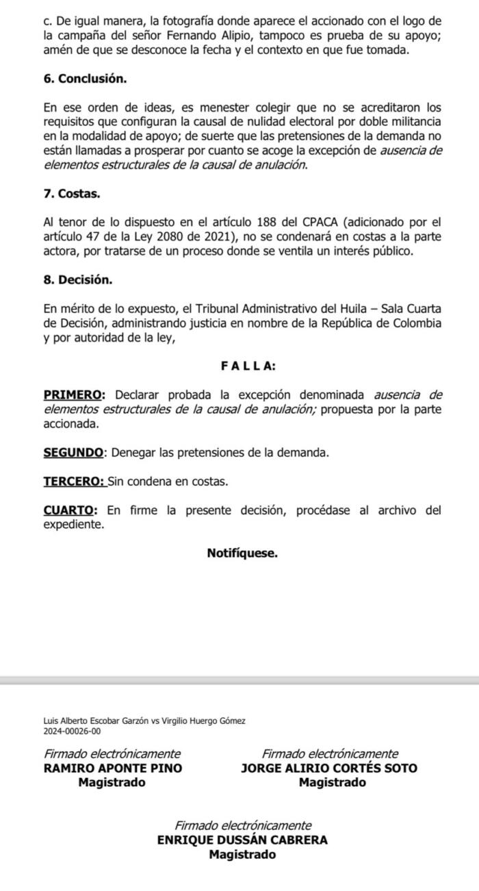 Facsímil de la decisión del Tribunal Administrativo del Huila.