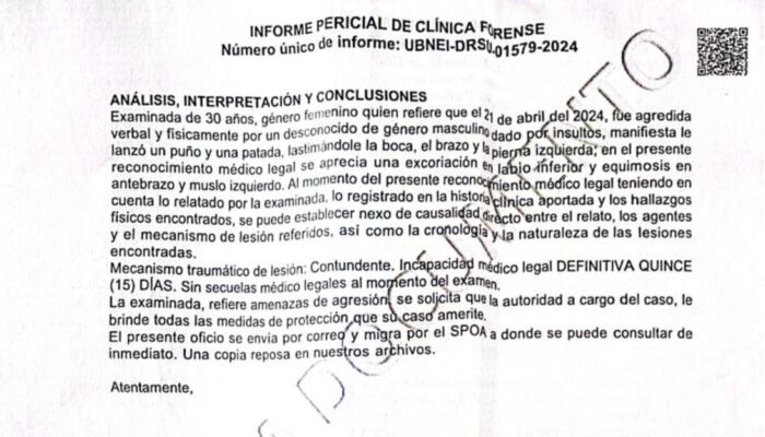 Resultado del dictamen de Medicina Legal.