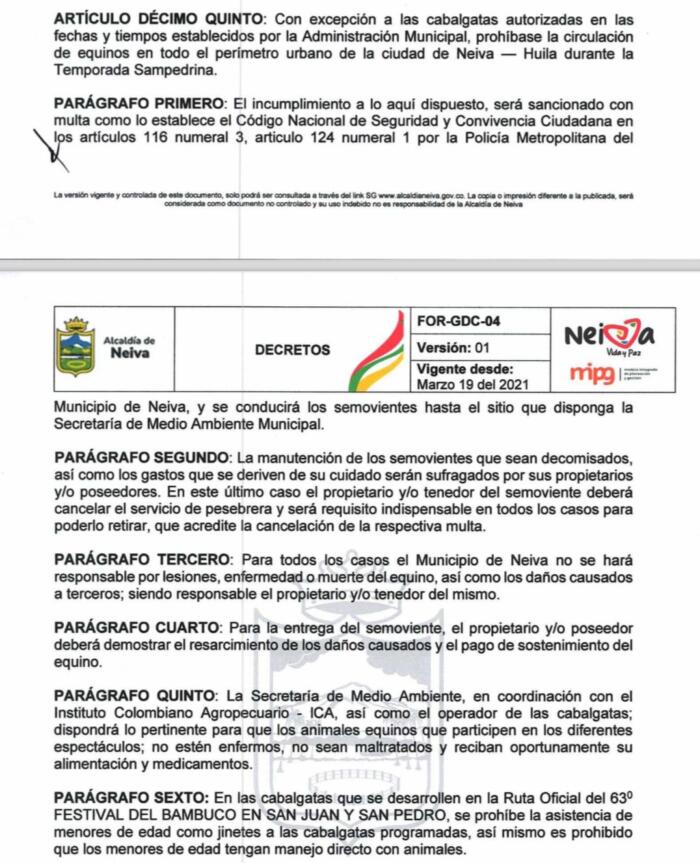 Mediante el decreto 0341 de 2024, se dictaron algunas normas especiales en materia de orden público y dentro de las cabalgatas se denotan las siguientes advertencias.