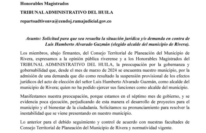 Carta que el Consejo Territorial de Planeación del Municipio de Rivera, dirigió al Tribunal Administrativo del Huila.