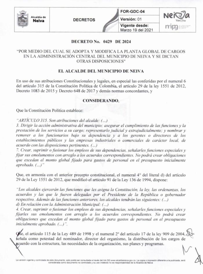 Facsímil del Decreto 0429 de 2024.