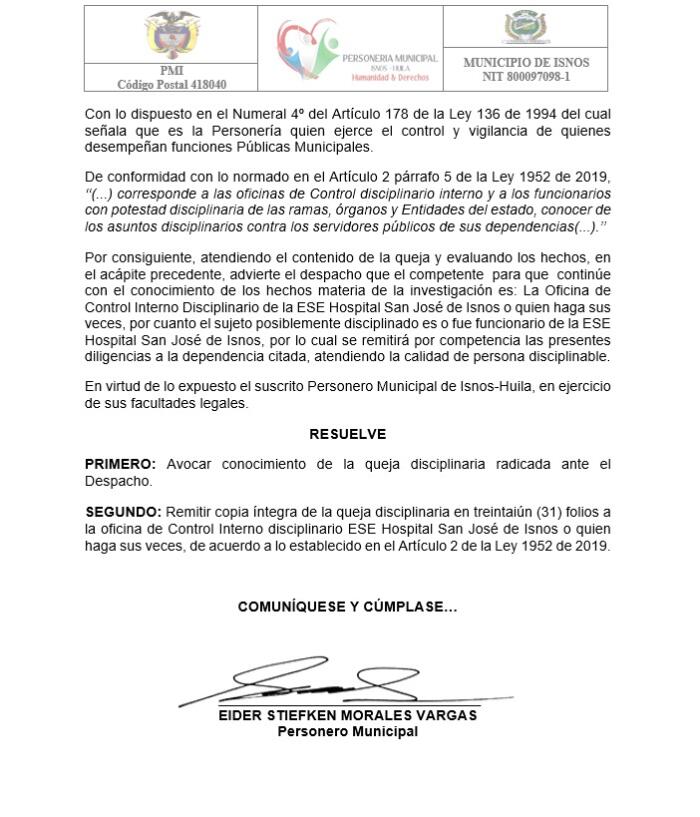 Parte resolutiva de la remisión a la oficina de Control Interno de la ESE.