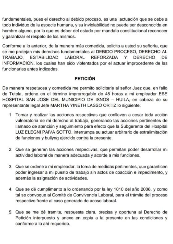 Petición de la acción de tutela interpuesta por una de las auxiliares de enfermería.