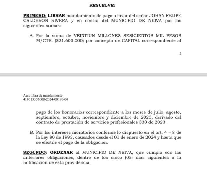 Facsímil de la decisión del Juzgado Octavo Administrativo del Circuito de Neiva, Huila.